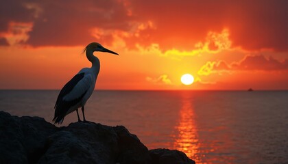 Obraz premium Silhouette of egret on rock near sea during sunset. Bird looks at sun over ocean water reflecting golden light. Fiery orange sky with clouds.