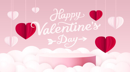 Happy Valentines Day background with 3D paper hearts and display podium.