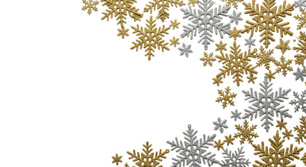 highly detailed, photorealistic flat lay of intricate glittering gold and silver snowflakes scattered randomly on a transparent surface. elegant winter sophistication backdrop concept
