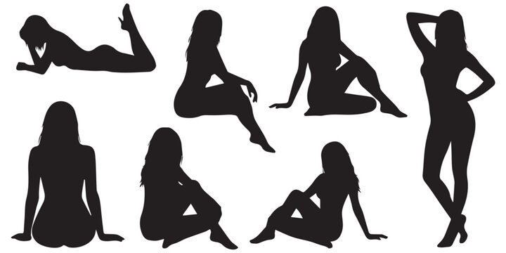 Vector detailed silhouettes set of beautiful sexy women various lying, sitting and standing poses isolated on white background.