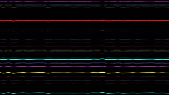 Vibrant horizontal bands of glitch-like color pulse and jitter across a black frame in this abstract alpha channel visualization, evoking the raw, kinetic energy of a corrupted digital signal flow