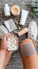 Obraz premium Soldier organizes medical supplies in a container on the floor while preparing for a training activity inside a building