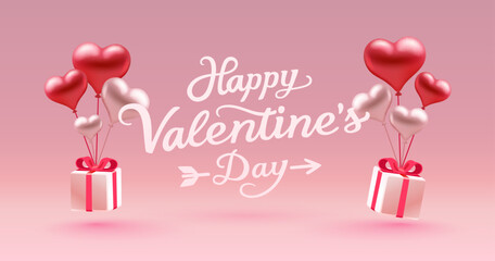 Happy Valentines Day greeting with heart balloons and gift boxes on a pink background. Ideal for romantic holiday designs.