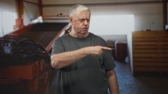 Man with finger to lips for silence and pointing gesture beside orange machinery in a building; stern warning.