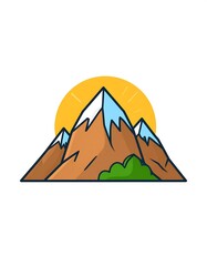 Cartoon Mountain Landscape with Snow-Capped Peaks and Rising Sun.