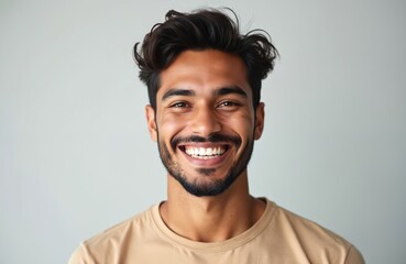Obraz premium Young Hispanic man smiles broadly, showing perfect white teeth. Looks friendly, happy with light beard. Confident guy poses for studio portrait. Wears simple t-shirt. Joy, positive emotion on face,