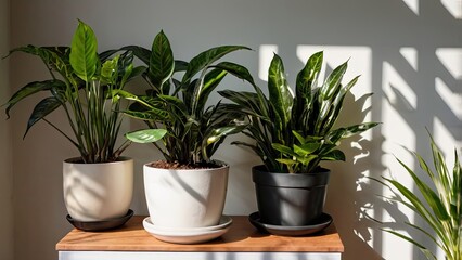 Obraz premium Houseplants catching soft daylight, natural shadows, eco-friendly home mood