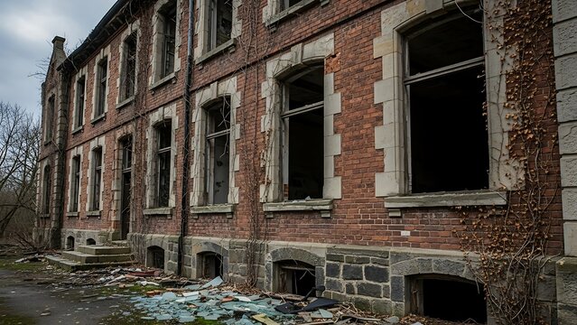Abandoned brick building with broken windows.