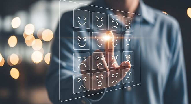 Person selecting happy face from a grid of emotion icons, showcasing a comprehensive customer feedback and sentiment analysis