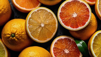 oranges and lemons, Juicy citrus slices with natural texture, high contrast food photography