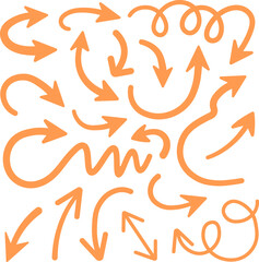 Hand Drawn Curved Arrow Set. Orange, Doodle Direction Arrows Design