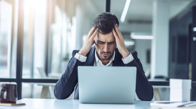 Stressed businessman holding his head in frustration while looking at his laptop in an office setting, symbolizing work pressure and deadlines