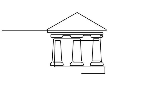 Bank icon in one line continuous drawing. Antique buildings, Bank, bank building, court, building with pro. History of architecture, Bank continuous one line drawing. Full length 4k animation video