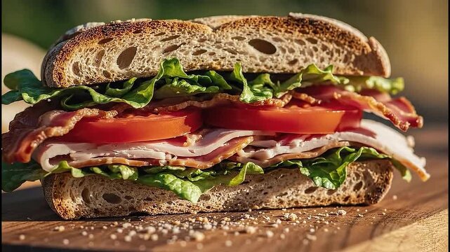 Gourmet BLT sandwich on toasted sourdough bread, fresh turkey club sandwich with crispy bacon and tomatoes, delicious deli lunch on wooden board
