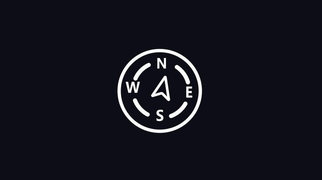 White outline compass symbol with NSEW cardinal directions and directional arrow on dark background