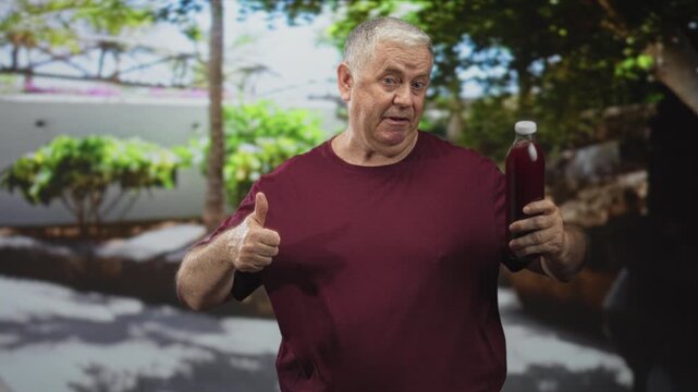 Man in maroon shirt holding bottle of pomegranate juice and giving thumbs up in studio set with garden backdrop; approval wellness.