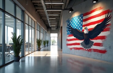 Modern office hallway features large American flag mural with eagle. Empty workspaces with glass walls and green plants. Natural light fills the clean interior.
