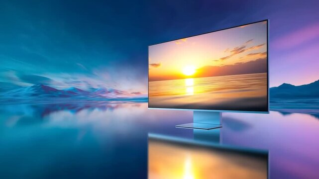 Multiple screens displaying serene sunset scenes on a reflective surface with mountains