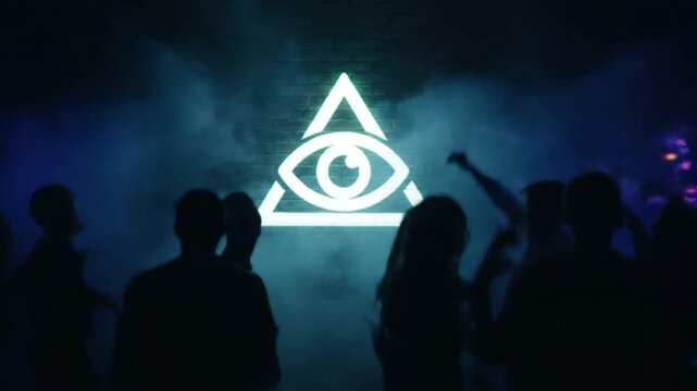 A group of people gathered at a concert venue with a glowing all-seeing eye symbol displayed prominently on stage