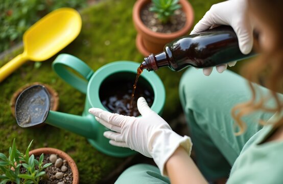 Woman in gloves adds liquid fertilizer to watering can. She prepares plant food for potted houseplants. Home gardening hobby, indoor green space care. Lush urban jungle.