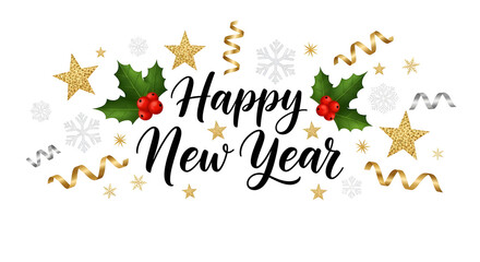 Happy New Year celebration with gold stars and holly leaves&nbsp;transparent background png