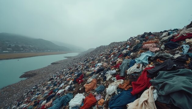 Mountain of old clothes dumped near river. Fabrics decay, pollute land, water under gray sky. Consumers discard textiles creating global waste crisis, damaging nature.