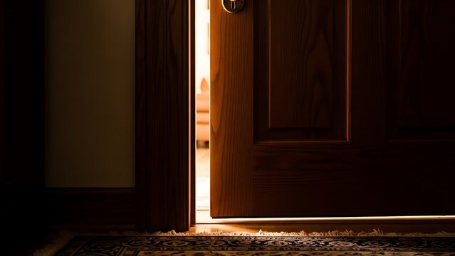 Slightly ajar wooden door with sunlight.