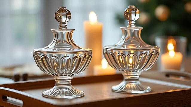 cruets. A pair of glass cruets on a wooden tray reflecting warm candlelight. bar promotions, beverage menus, designed for product packaging and bar promotions, used by curriculum designers.