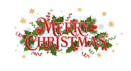 Merry Christmas greeting with festive holly and decorations&nbsp;transparent background png