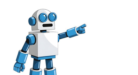 Fototapeta premium Cartoon robot pointing finger forward toward empty space for text isolated on white background blue and white body parts
