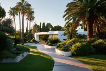 Fototapeta premium Pathway through gardens leads to a white building surrounded by palm trees and green plants in bright natural light during the day