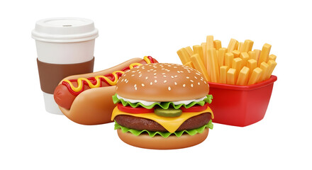 Delicious fast food meal with burger, fries, and coffee&nbsp;transparent background png