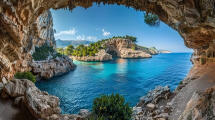 Obraz premium The rocky grotto with clear turquoise water and panoramic sea views creates the impression of a secluded paradise, perfect for the background of tourist brochures or resort presentations.