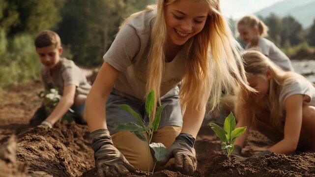 Smiling teenage volunteers plant young seedlings in garden rows during outdoor community farming day