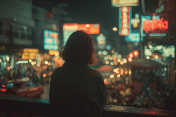 Fototapeta premium Person gazes over vibrant city streets filled with glowing lights at night