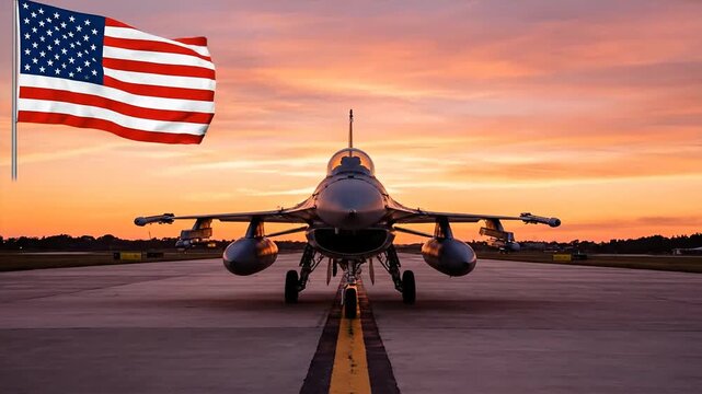 Fighter jet at sunset military aircraft on runway with american flag