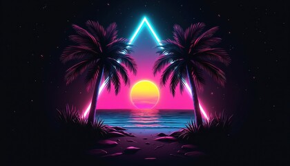 Fototapeta premium Two neon palm trees frame a bright sunset over ocean waves. Geometric triangle glows with light above sea horizon, reflecting on water. Stylized retro beach scene at night with stars.