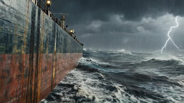 Large ship navigating turbulent sea during severe weather