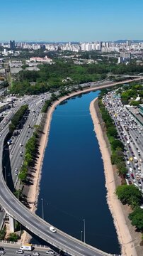 Traffic Road At Marginal Tiete Sao Paulo Brazil. Breathtaking Aerial View Of Busy Traffic In A Freeway Road. Business Sky Background Downtown Cityscape. Backgrounds Panoramic City.
