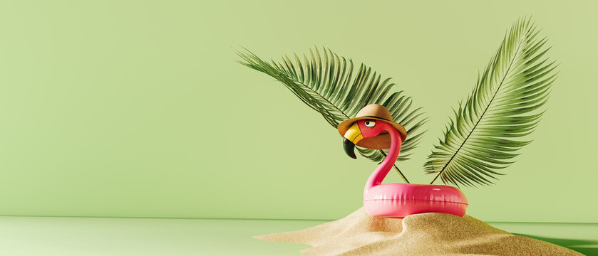 Pink flamingo inflatable with palm leaf wings on sand beach. Summer travel concept design on mint green background with copy space. 3D Rendering, 3D Illustration