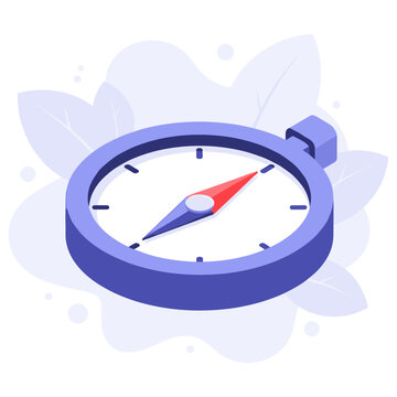 Isometric illustration of a blue compass with red needle on leafy background