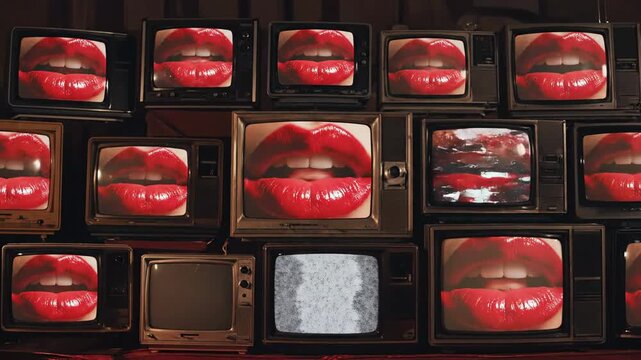 Retro Television Wall Displaying Red Lips and Static Interference.