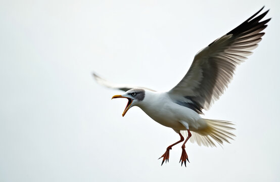 Ring-billed gull in flight prepares to land noisily. The bird displays a fierce expression while approaching the shore. Its a moment of anticipation before settling down near the coast.