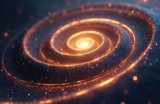 Golden fibonacci spiral gleams with light particles, representing growth, universe expansion. Abstract background illustrates mathematical sequence, nature, tech concepts. Perfect for science, design.