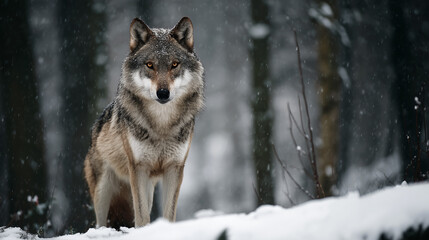 雪に佇むオオカミの姿 / Wolf Standing in Deep Snow