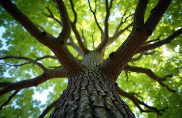 Obraz premium Large oak tree canopy seen from below during daylight. Sunlight filters through green leaves and branches, creating a peaceful forest scene. Nature, plant life, wood texture and sky.