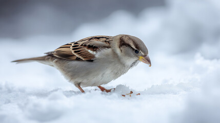 雪上で餌をついばむスズメ / Sparrow Peeking Food on Snow