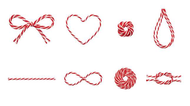 Festive Red White Bakers Twine Set Heart Infinity Bow Knot Spiral Realistic Twisted String Texture