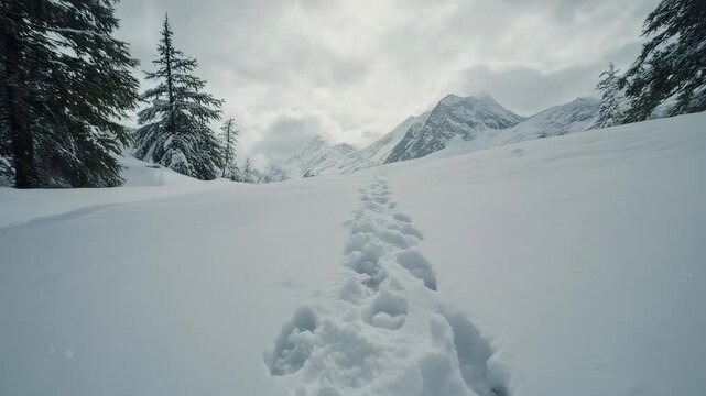 Footprints in Deep Snow Leading Through a Majestic Winter Landscape Video