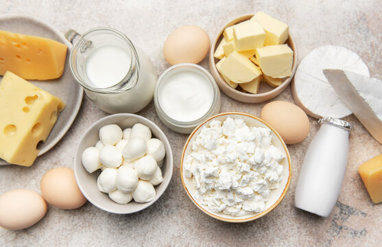 Dairy products assortment showcasing fresh milk cheese butter eggs